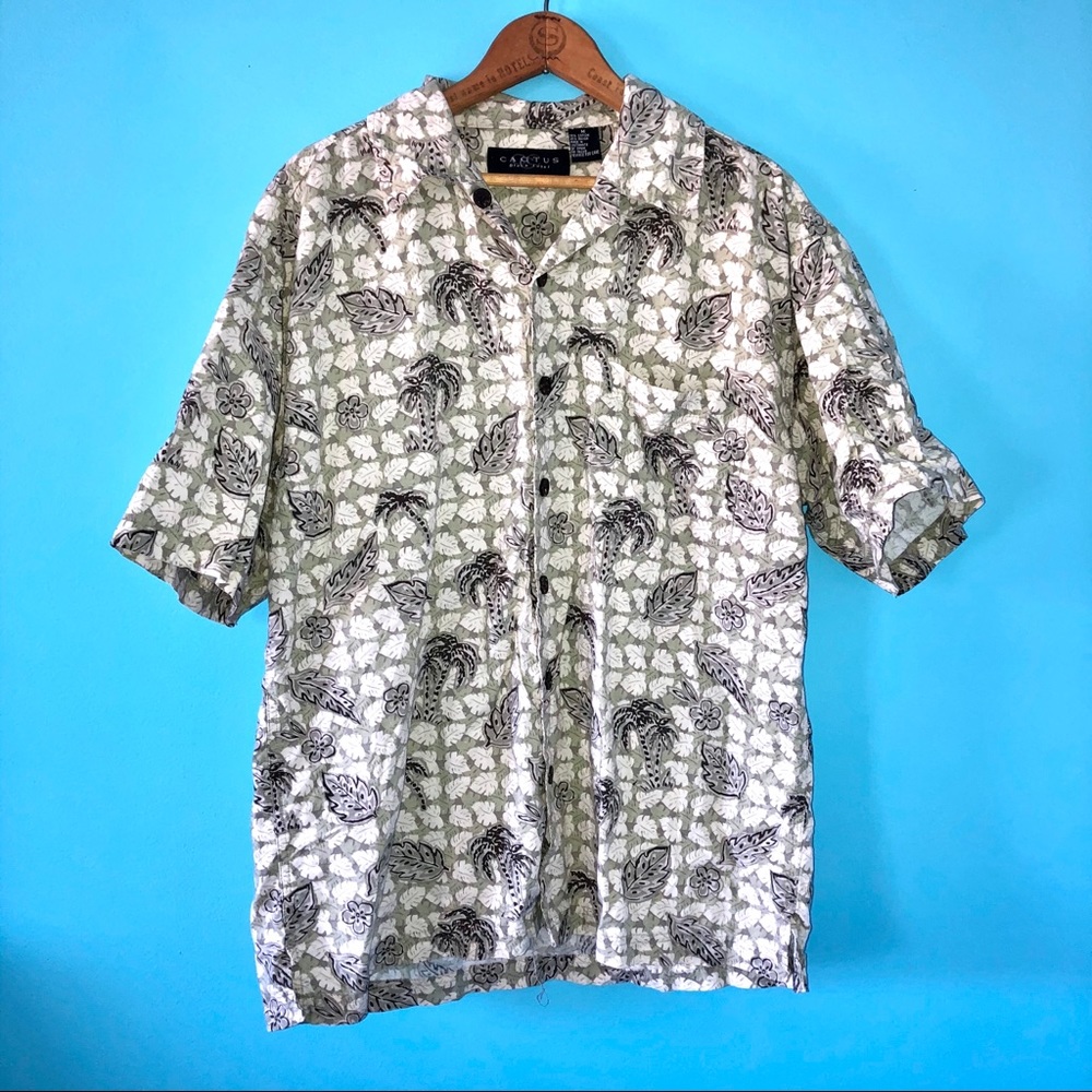 Green Palm Tropical Hawaiian Button Up T-Shirt